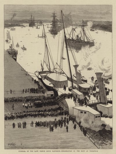 Funeral del difunto Príncipe Luis Napoleón, desembarco del cuerpo en Woolwich de William Lionel Wyllie